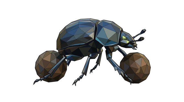 Low Poly Geometric Dung Beetle Carrying Spheres Isolated
