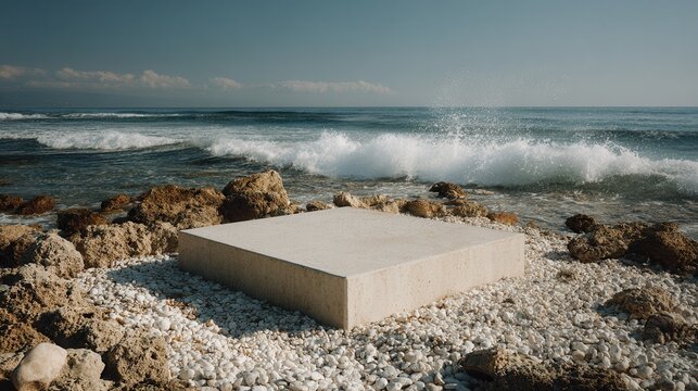 Modern concrete structure sits on rocky shore near ocean with waves crashing under clear blue sky at midday Generative AI
