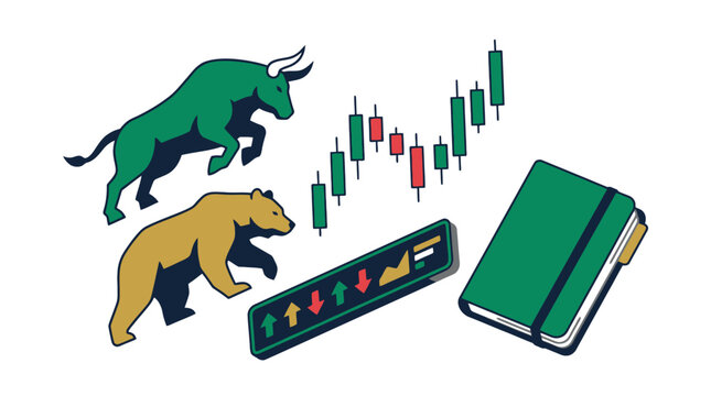 Bull and bear stock market trading illustration with candlestick chart ticker display and trading journal notebook. EPS Editable
