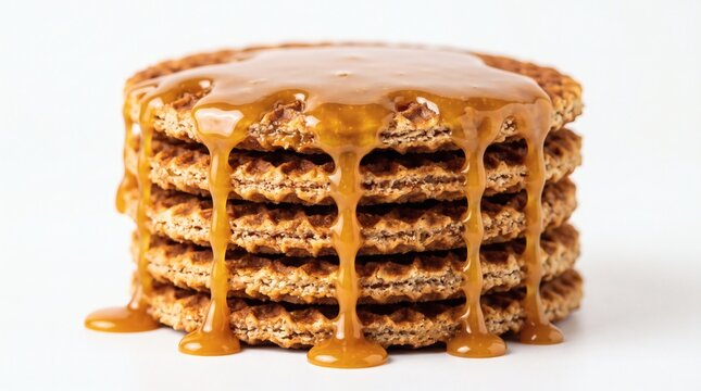 Stack of Stroopwafels Drizzled with Golden Caramel Sauce.