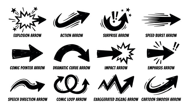 Set of hand-drawn comic style cartoon arrows with dynamic action shapes and sound effects