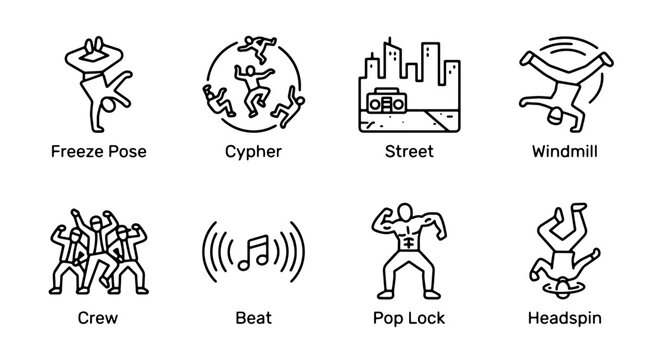 Breakdance Icons Set: Freeze Pose, Cypher, Street, Windmill, Crew, Beat, Pop Lock, Headspin Vector Graphics for Hip Hop Culture and Urban Dance