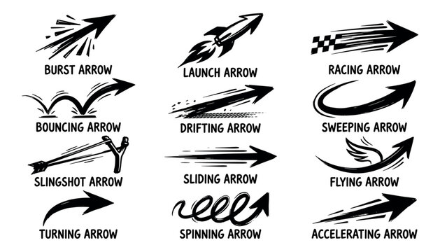 Set of dynamic hand-drawn action and movement arrows with various speed effects and styles