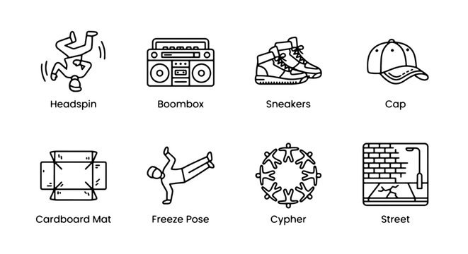 Urban Hip Hop Culture Icons: Breakdancing, Boombox, Sneakers, Graffiti Art, Street Style Vector Elements for Music and Dance Graphics