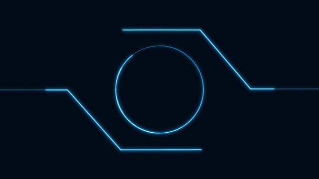 Abstract blue neon circle pulses with glowing geometric lines. Futuristic cyber target telemetry guides the blue neon circle. Modern UI graphic elements animate around the blue neon circle.