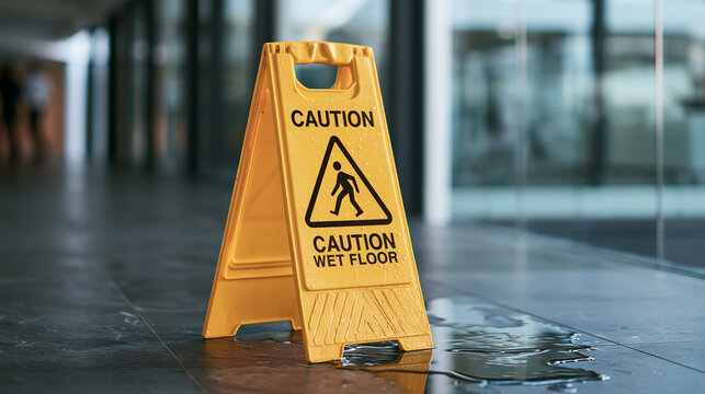 Caution wet floor sign in a new corporate building