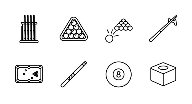 Billiard Icons Set: Pool Cues, Balls, Rack, Table, Chalk, and Accessories Collection, Vector Graphics for Sports and Game Design