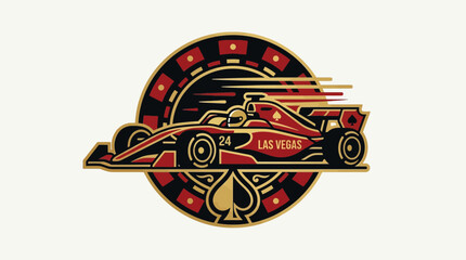 Obraz premium An elegant flat design icon combining a Formula 1 race car with subtle Las Vegas gambling motifs, perfect for branding or event promotion. It captures the unique fusion of speed and entertainment.