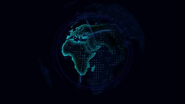 Teal digital Earth globe rotates with orbital rings and lines. Global telecommunication network data connects the digital Earth. Worldwide cyber infrastructure powers this teal digital Earth.