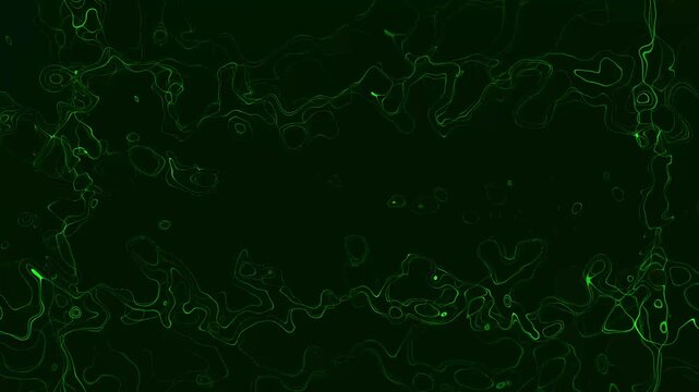 Intricate green abstract lines form a network on dark green. Cyber data communication mesh nodes link these abstract lines. High tech digital matrix art animates the green abstract lines.