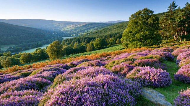 Scenic landscape of blooming purple heather bushes covering rolling hillside at sunrise