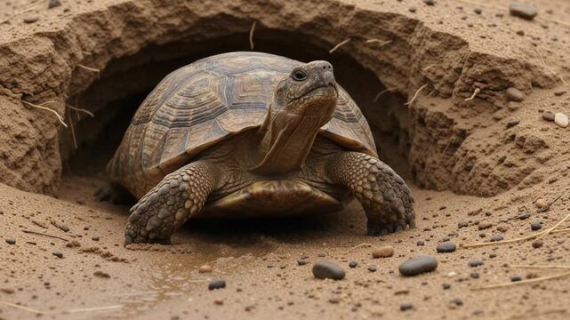 Desert Tortoise Extending Neck While Emerging From Sandy Burrow
