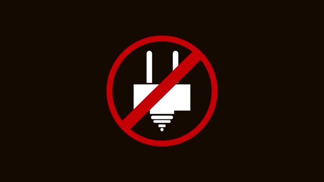 Red prohibition sign crosses out an electrical power plug on dark. Power shutdown safety warnings flash on this prohibition sign. Electrical hazard alert graphics feature the red prohibition sign.