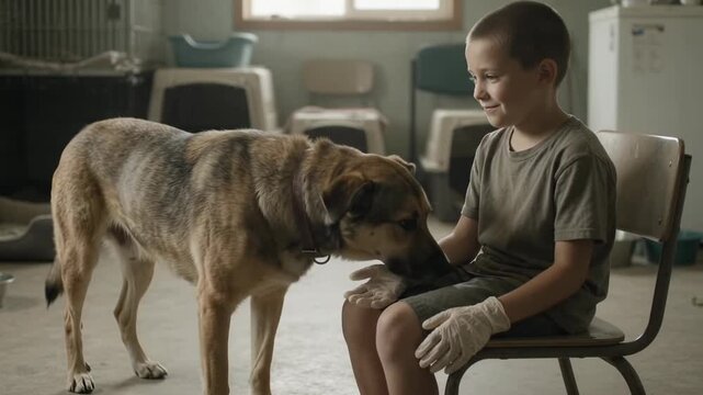 Dog Rests Chin on Knee of Boy Wearing Gloves in Animal Shelter