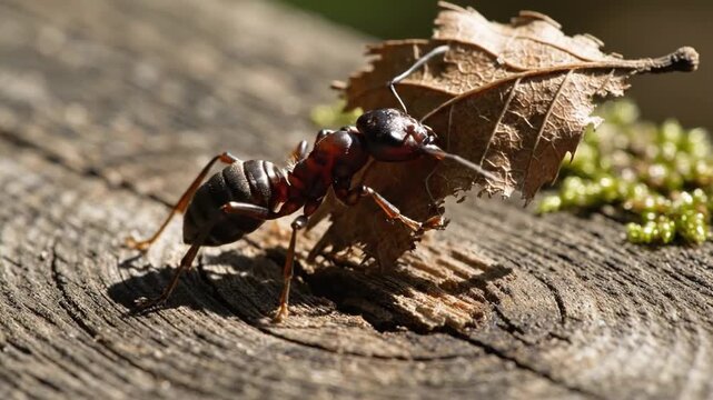 Single leafcutter ant drags curled leaf section along cracked wood, shifting forward in bright natural light. Close detail highlights segmented body, long antennae, and fragile leaf edge as it works