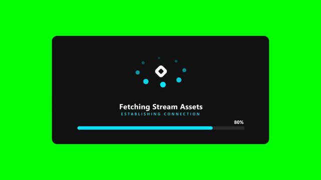 Clean, flat modern UI buffering stream animation on a chroma key greenscreen background for easy compositing. Features orbiting dots and a sleek progress bar.