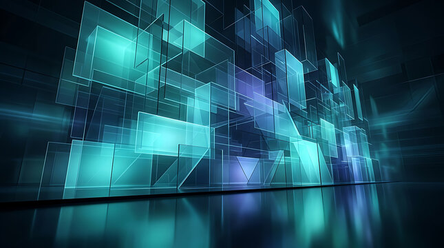 Digital technology background with geometric glowing glass structures and reflections