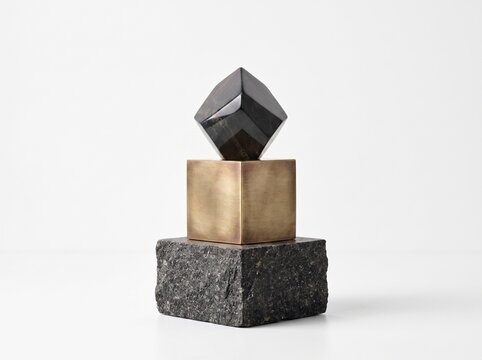an abstract 3d geometric composition featuring a glossy black polyhedron bronze cube and stone base