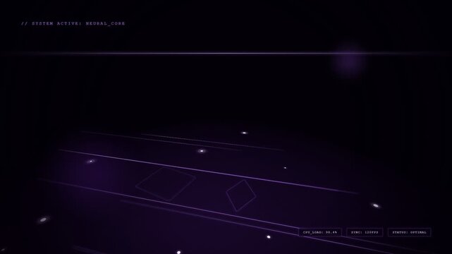 Futuristic cyberpunk interface displaying purple neon lines and cryptographic symbols across a dark holographic display terminal during a simulated high speed journey through cyberspace