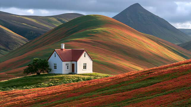 Peaceful white house with red roof near colorful hill with soft sunlight