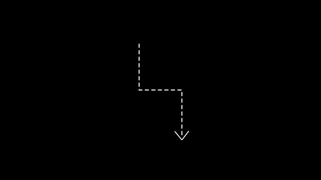 Dots arrow direction icon with dotted line animation on black background. dots arrow icon sign animated with alpha channel. Black straight arrows animation. Reveal animation of solid, dashed 4K motion
