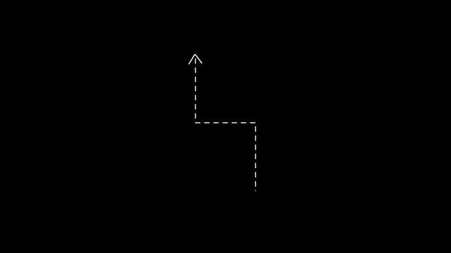 Dots arrow direction icon with dotted line animation on black background. dots arrow icon sign animated with alpha channel. Black straight arrows animation. Reveal animation of solid, dashed 4K motion