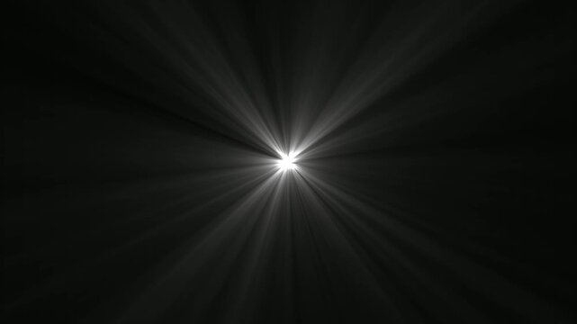 Abstract white light rays emanating from a central point on a deep black background