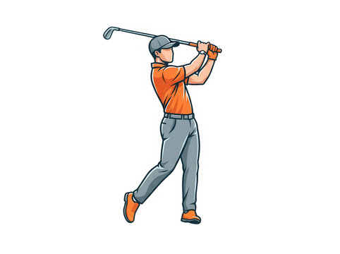 A male golfer in an orange shirt Isolated on transparent