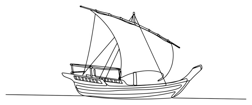 Traditional dhow sailing boat on water in continuous line art style