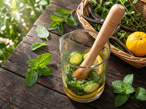 Muddling fresh mint, cucumber slices, and lemon in a mixing glass on a rustic wooden garden table