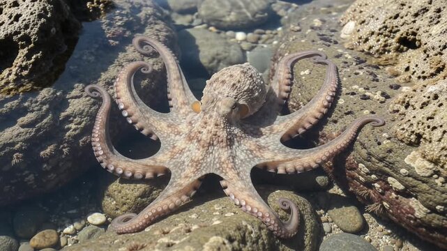 Octopus Resting on Sunlit Rocks in a Shallow Tide Pool