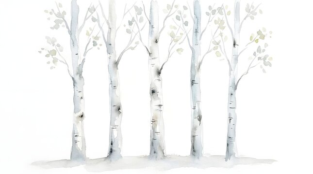 A graceful black and white illustration depicts several birch trees standing tall against a clean white backdrop offering a peaceful minimalist nature inspired design element