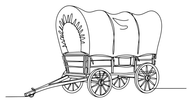 Covered wagon pioneer carriage for western transport in continuous line art style