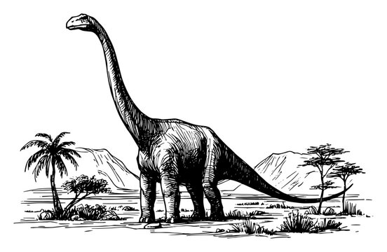 Brachiosaurus long neck dinosaur in prehistoric landscape with palm trees and mountains in hand drawn engraving style
