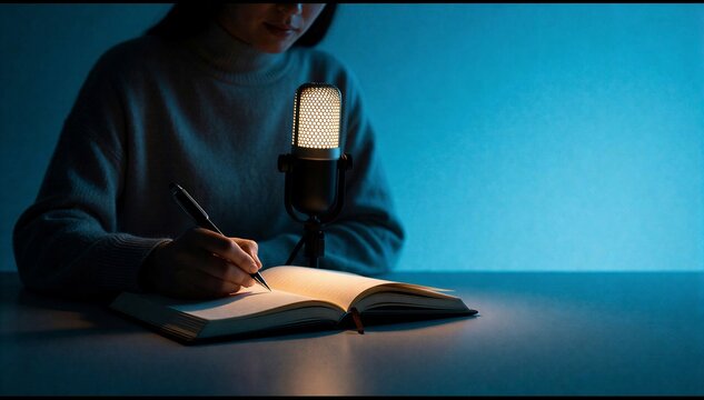 Young woman writing in open notebook next to professional microphone in low light atmosphere.