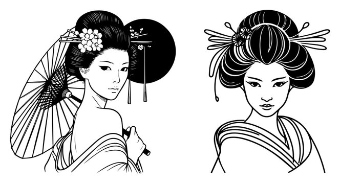 Japanese geisha women in traditional kimono with umbrella in clean line art style
