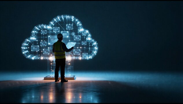 Male construction engineer interacting with glowing digital cloud computing interface technology in dark industrial environment.