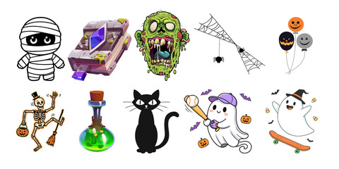 Fototapeta premium Collection of Cute Halloween Spooky Cartoon Characters including Mummy, Ghost, Zombie and Skeleton Clip Art