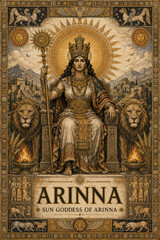 Fototapeta premium Sun Goddess of Arinna Hittite Deity with Lions, Solar Symbols and Ancient Anatolian Temple Art