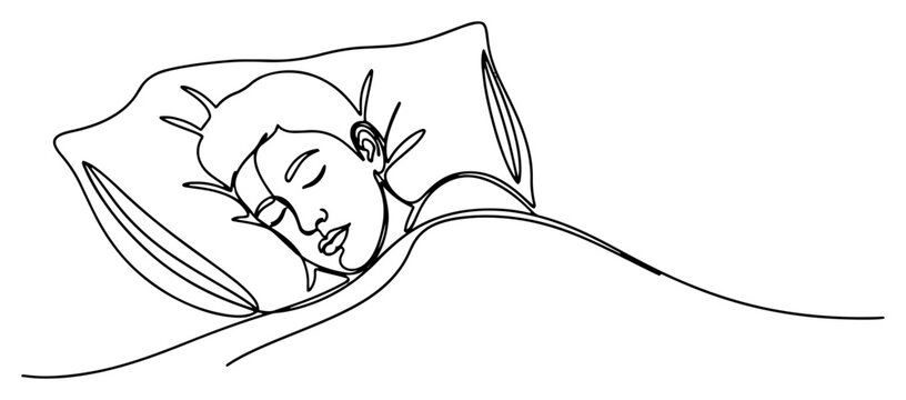 Person sleeping peacefully in bed with pillow and blanket in continuous line art style