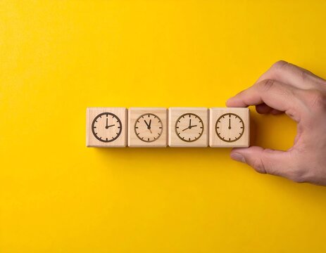 A hand holds wooden blocks with clock faces, each showing a different time, on yellow background