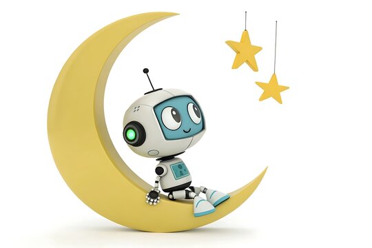 Cute robot toy sitting under a crescent moon with stars