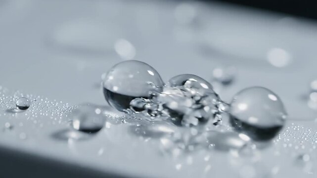Hydrophobic surface with clear water droplets, waterproof coating technology on metal. Macro view of liquid beads on silver texture. Moisture protection and nanotechnology concept.