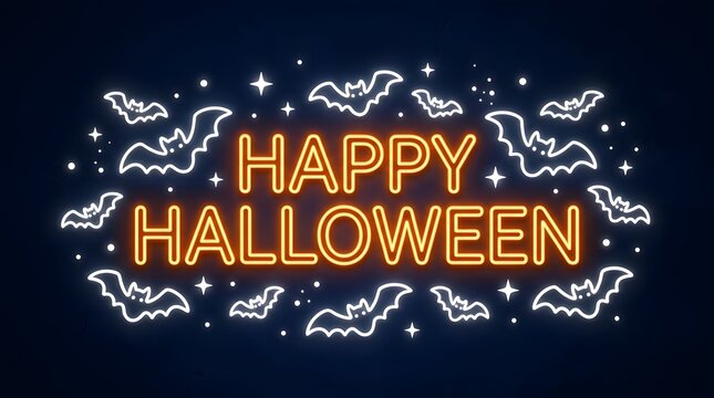 Happy halloween neon sign with bats on dark blue background