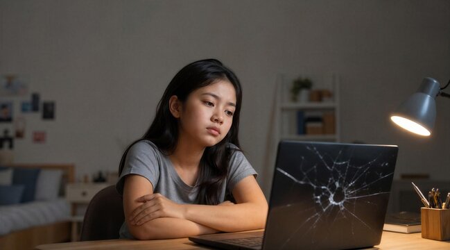 Sad Teen Girl Looking at Cracked Laptop Screen Night