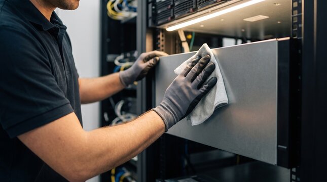 Technician cleans a server unit with a white cloth.