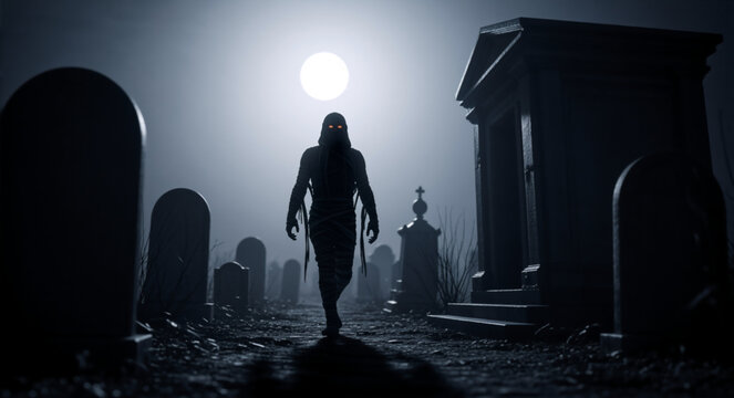 Mummy with orange eyes walking in a foggy graveyard at night. Spooky cemetery scene with full moon and tombstones. Halloween horror concept