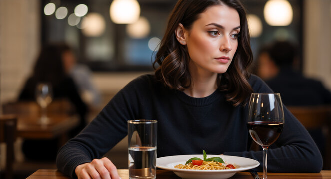 Woman sitting alone at a restaurant table. Pensive female dining with a plate of pasta and a glass of red wine