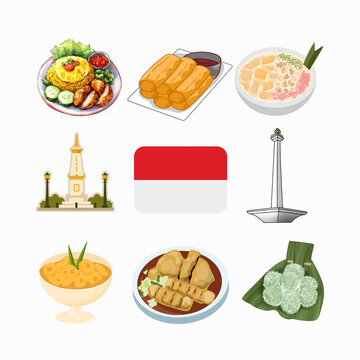 A vector illustration collection featuring Indonesian traditional elements, including yellow rice (Nasi Tumpeng), lumpia, es teler, Tugu Yogyakarta, the Indonesian landmark and culinary.