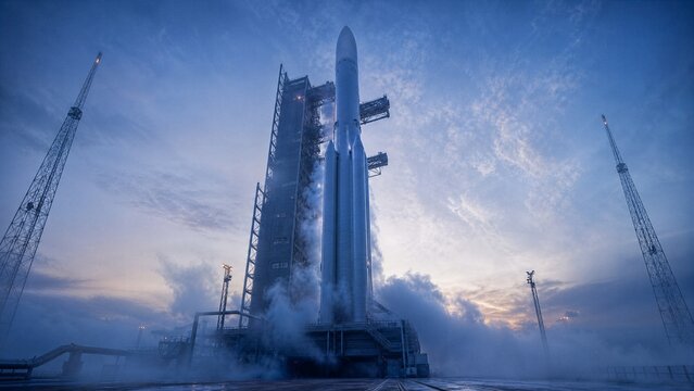 Rocket Launch Imminent: A powerful rocket stands on its launchpad, surrounded by billowing clouds of steam and smoke, poised for ascent into the vast expanse of the sky at dusk.